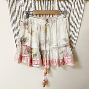 Rococo Sand White Pink Floral Ruffle Tassel Mini Skirt XS